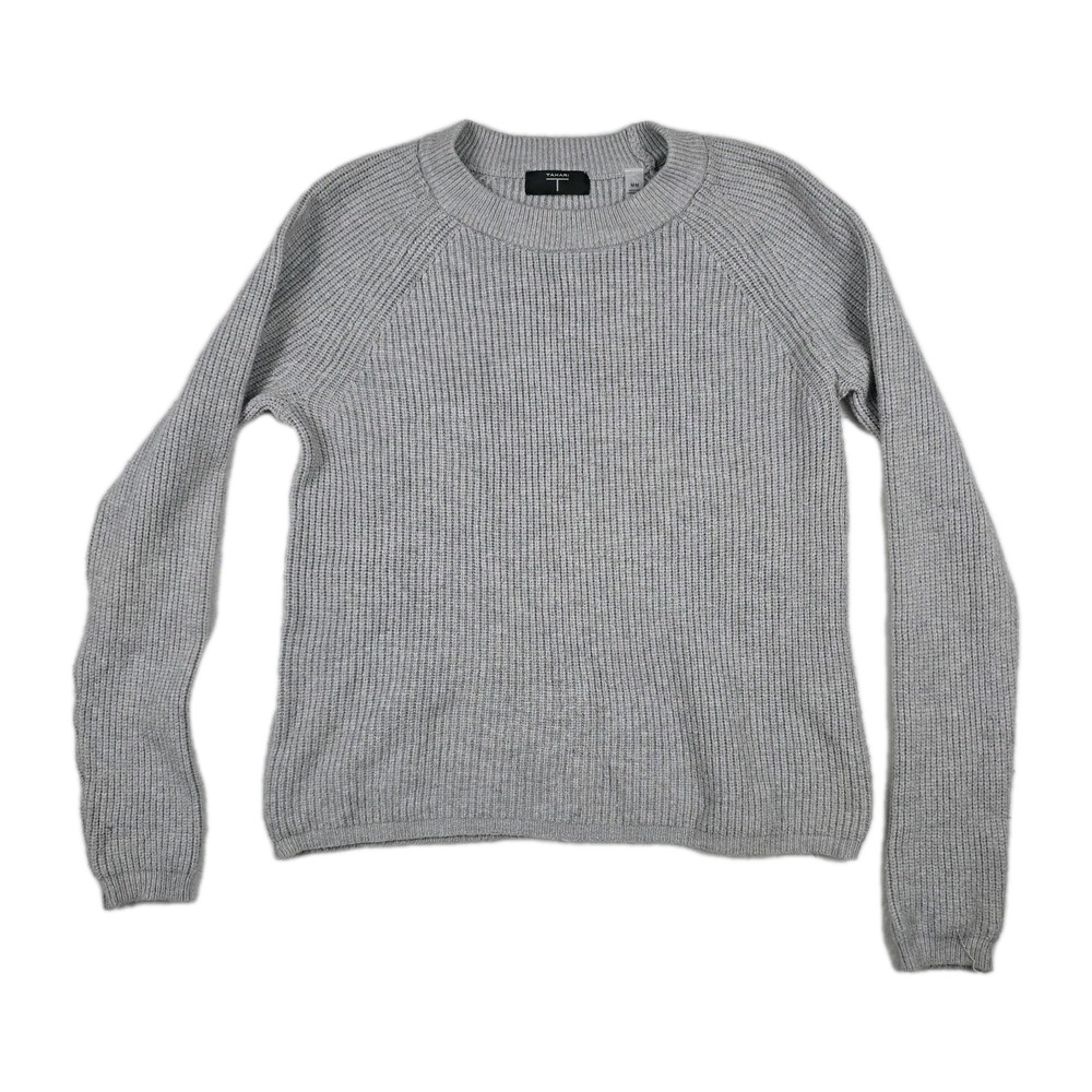Tahari Womens Gray Ribbed Knit Crew Neck Raglan Long Sleeve Pullover Sweater M